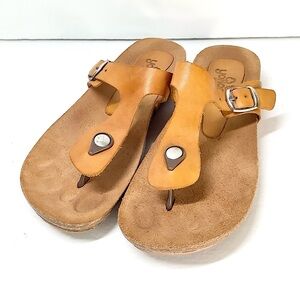 YOKONO Leather T-Strap Sandals Cork Footbed Comfort Thong Resort Beach Size 8 US